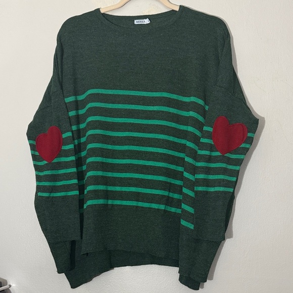 Mersea The Amour Green Striped Sweater with Red Heart Patch OS - Picture 3 of 8